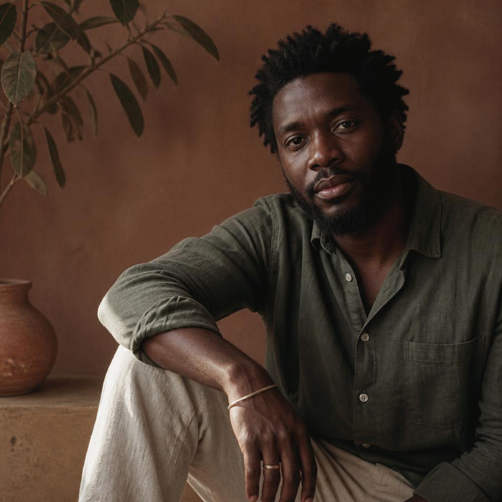 A Black African man seated in quiet reflection, draped in forest green linen